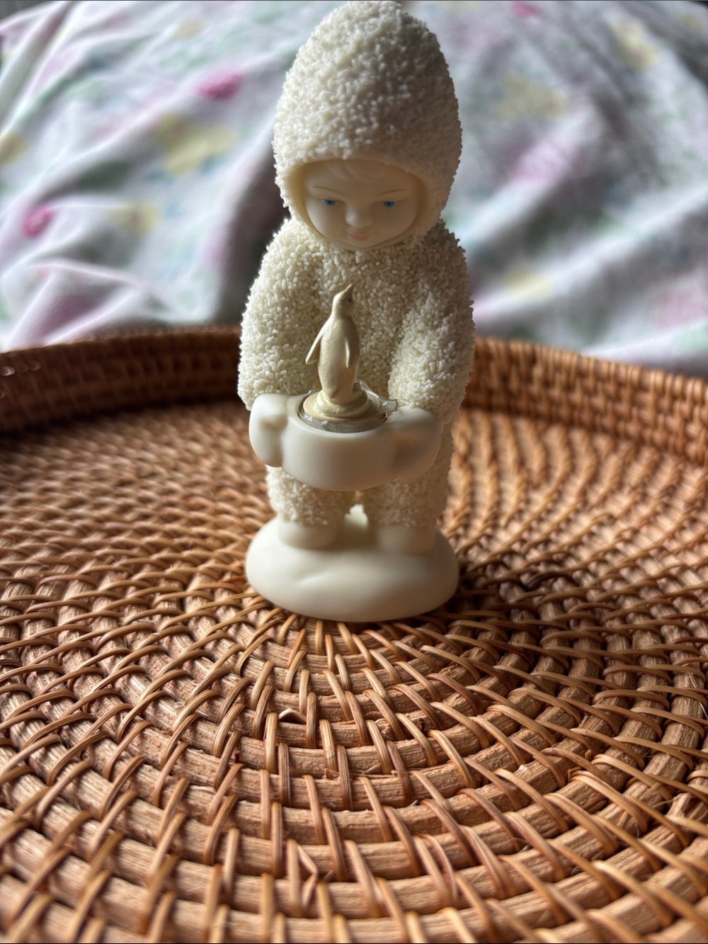 Flocked White Snow Baby Figurine Holding Penguin Candle